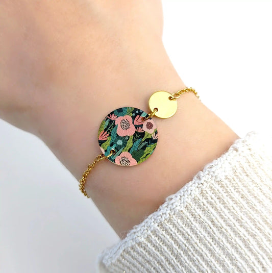 Bracelet fleurs rose et feuilles émeraude pour femme