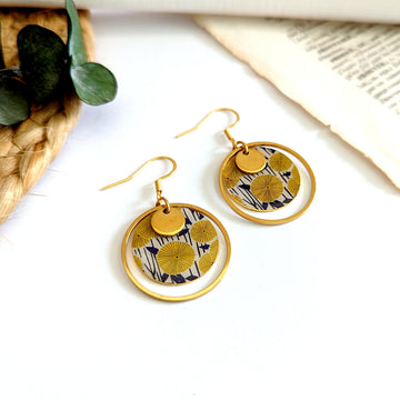 Boucles d'oreilles fleurs de Pissenlit et feuilles bleu foncées pour femme