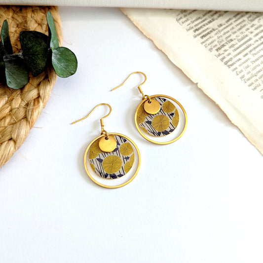 Boucles d'oreilles fleurs de Pissenlit et feuilles bleu foncées pour femme