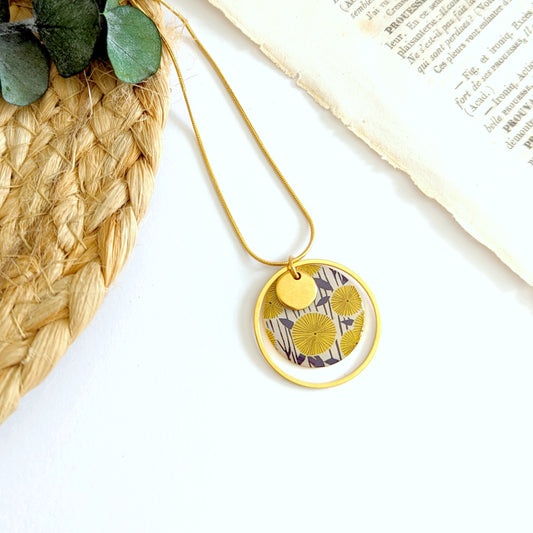 Collier pendentif rond Pissenlit et feuilles bleu foncé pour femme