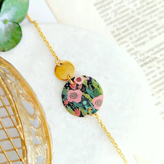 Bracelet fleurs rose et feuilles émeraude pour femme