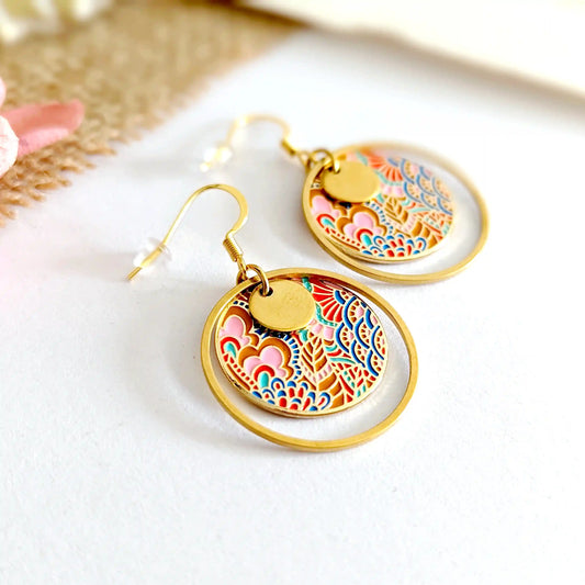 Boucles d’oreilles pendantes en émail multicolore pour femme