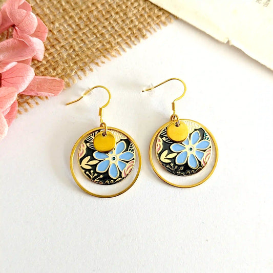 Boucles d’oreilles pendantes en émail pour femme - Myosotis