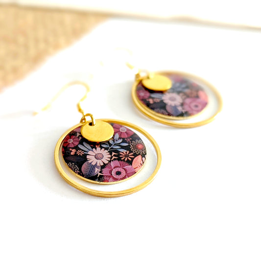 Boucles d’oreilles pendantes en résine pour femme - Motif Floral violet