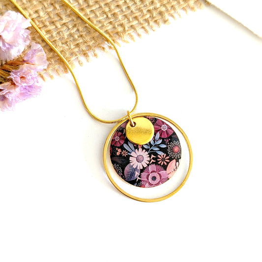 Collier pendentif en résine pour femme - Motif Floral mauve et rose
