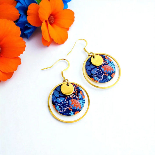 Boucles d’oreilles pendantes en résine et acier inoxydable pour femme - Motif Boho Bleu