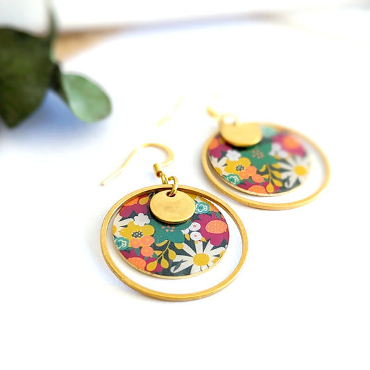 Boucles d’oreilles pendantes en résine et acier inoxydable pour femme - Motif Floral