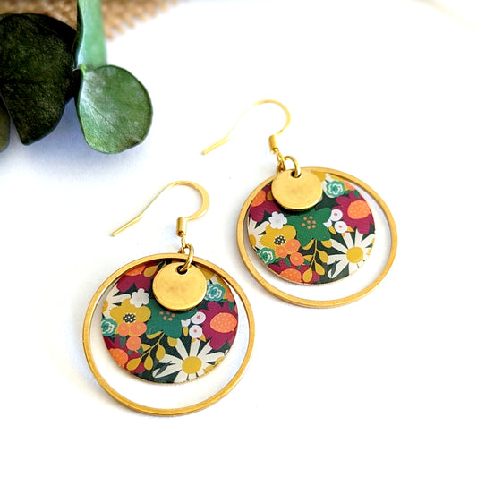 Boucles d’oreilles pendantes en résine et acier inoxydable pour femme - Motif Floral
