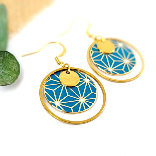 Boucles d’oreilles pendantes en émail coloré pour femme - Motif Etoiles japonaises Bleu canard