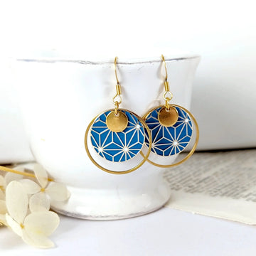Boucles d’oreilles pendantes en émail coloré pour femme - Motif Etoiles japonaises Bleu canard