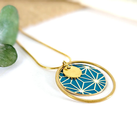Collier pendentif rond en émail coloré pour femme - Motif étoiles Bleues