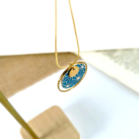 Collier pendentif rond en émail coloré pour femme - Motif étoiles Bleues