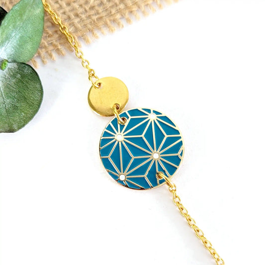 Bracelet en émail bleu pour femme - Motif Etoiles japonaises Bleu canard