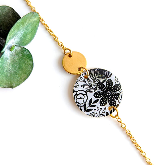Bracelet en résine pour femme -Motif Floral noir et blanc