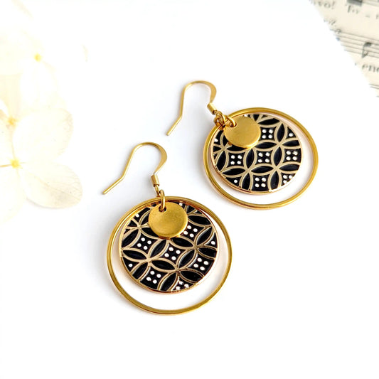Boucles d’oreilles pendantes en émail noir et or pour femme - Ellipses Art déco