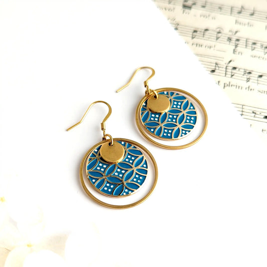 Boucles d’oreilles pendantes en émail coloré pour femme - Motif ellipses japonaises Bleues