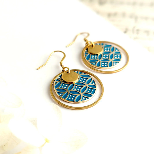 Boucles d’oreilles pendantes en émail coloré pour femme - Motif ellipses japonaises Bleues