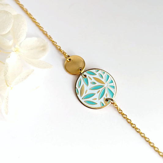 Bracelet fleurs en émail vert sauge pour femme
