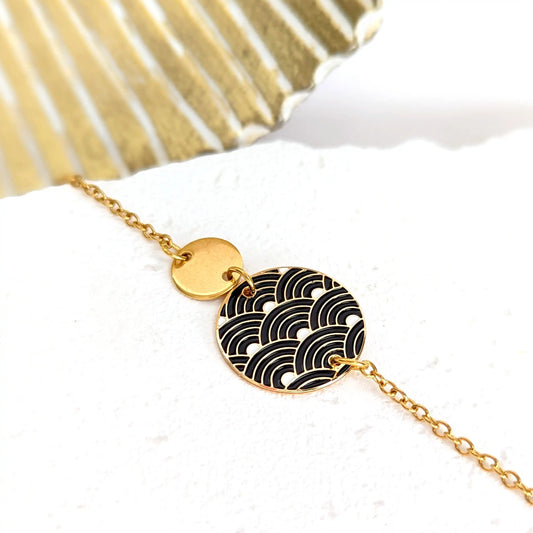 Bracelet en émail pour femme - Motif vagues japonaises Noires