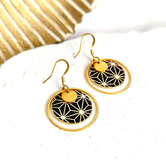 Boucles d’oreilles pendantes en émail noir et blanc pour femme - Motif Etoiles japonaises Noir