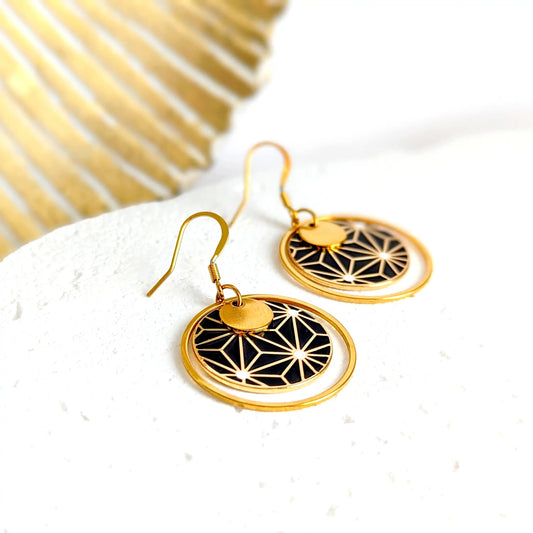 Boucles d’oreilles pendantes en émail noir et blanc pour femme - Motif Etoiles japonaises Noir