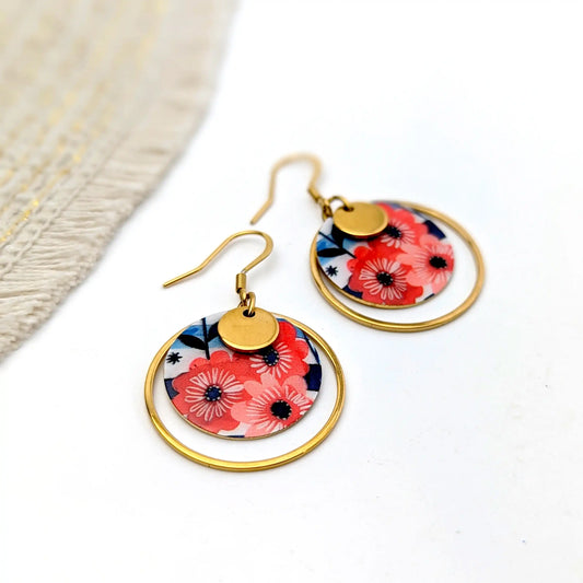 Boucles d’oreilles Fleurs rouges et rayures bleues pour femme