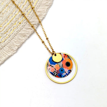 Collier pendentif Art abstrait orange et bleu pour femme