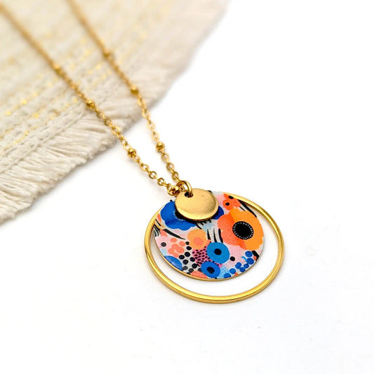 Collier pendentif Art abstrait orange et bleu pour femme