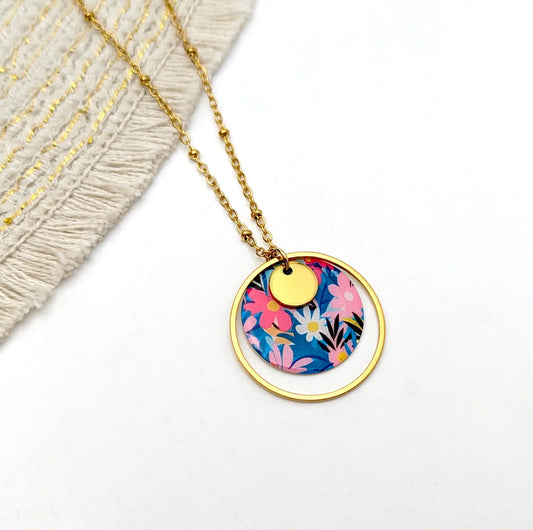Collier pendentif fleur rose et bleu pour femme