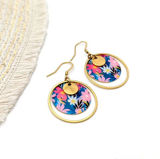 Boucles d’oreilles fleurs rose et bleu en résine et acier inoxydable pour femme