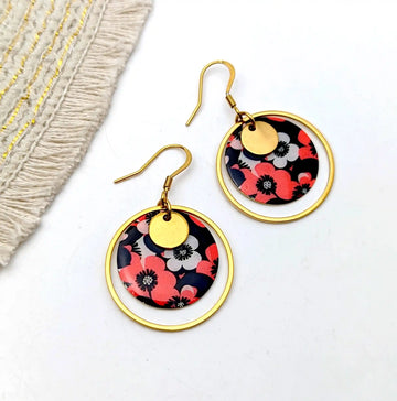 Boucles d’oreilles fleurs rouge et noir en résine et acier inoxydable pour femme