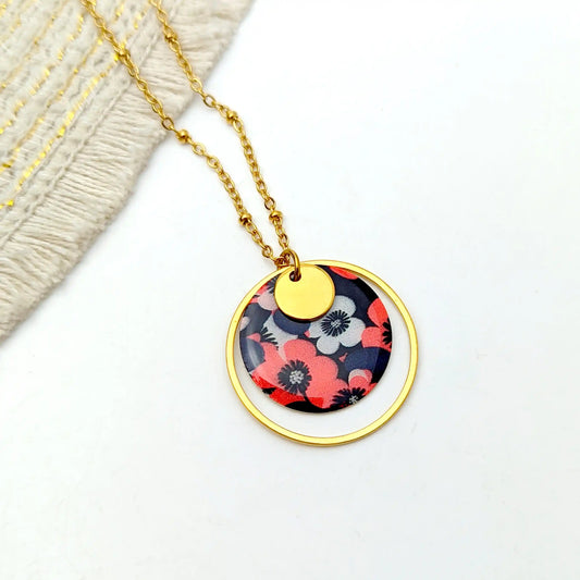 Collier pendentif fleurs rouge et noir pour femme