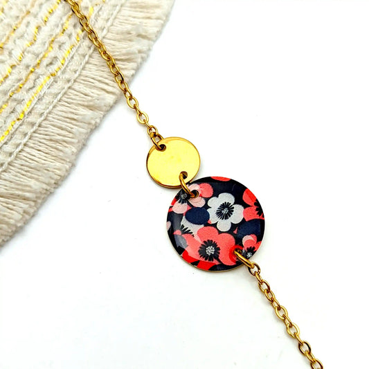 Bracelet fleurs rouge et noir en résine et acier inoxydable pour femme