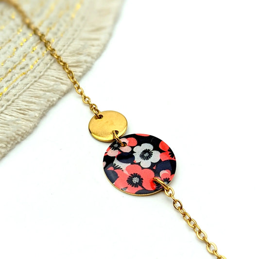 Bracelet fleurs rouge et noir en résine et acier inoxydable pour femme