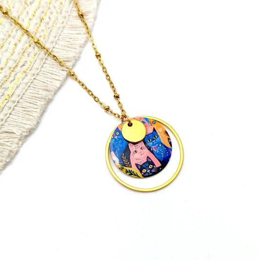 Collier pendentif chats funs colorés en résine pour femme