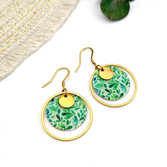 Boucles d’oreilles feuilles vertes en résine et acier inoxydable pour femme