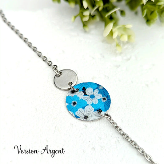 Bracelet Fleurs bleues en résine et acier inoxydable pour femme