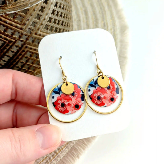 Boucles d’oreilles Fleurs rouges et rayures bleues pour femme