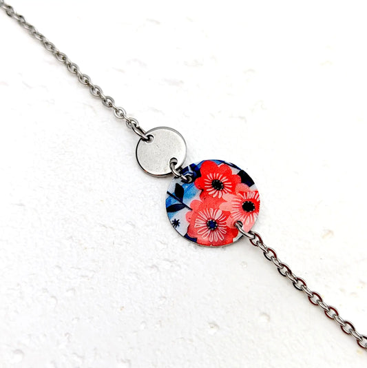 Bracelet fleurs rouges et rayures bleues en résine et acier inoxydable pour femme