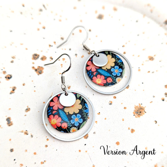 Boucles d’oreilles fleurs folk en résine et acier inoxydable pour femme