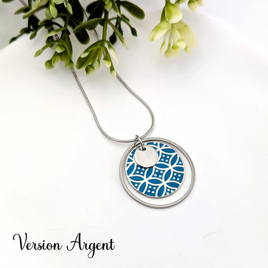 Collier pendentif rond en émail coloré pour femme - Motif Ellipses japonaises Bleu canard