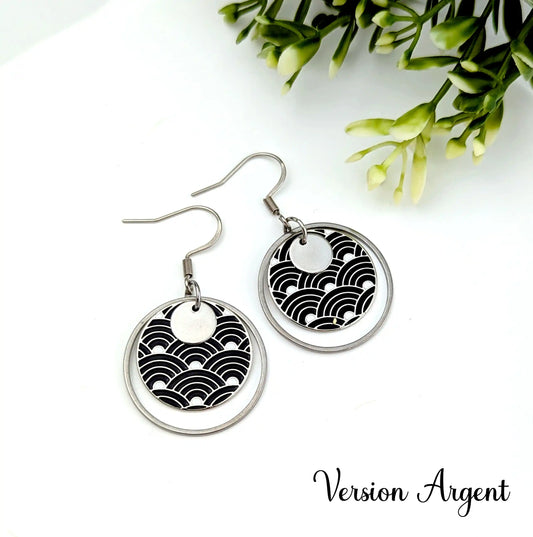 Boucles d’oreilles pendantes et rondes en émail coloré pour femme - Motif vagues japonaises Noires