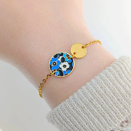 Bracelet en émail pour femme - Motif floral bleu et noir