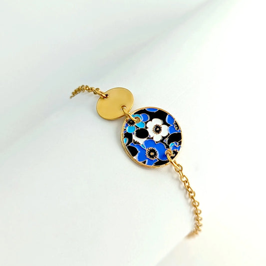 Bracelet en émail pour femme - Motif floral bleu et noir