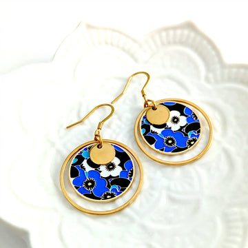 Boucles d’oreilles pendantes en émail coloré pour femme - Motif floral bleu et noir