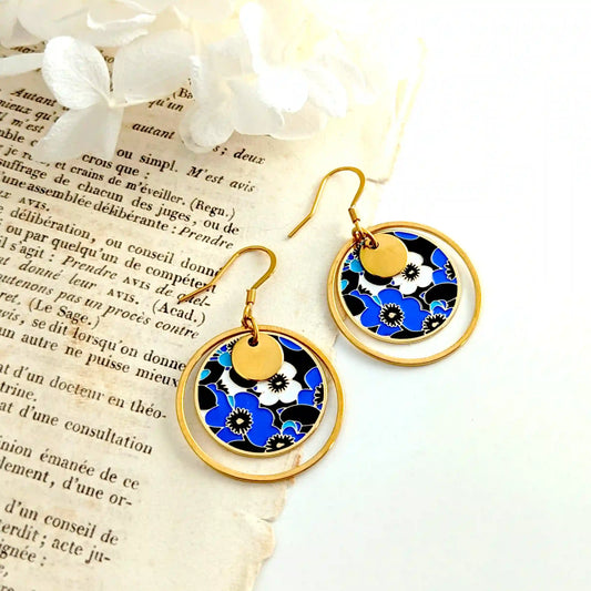 Boucles d’oreilles pendantes en émail coloré pour femme - Motif floral bleu et noir