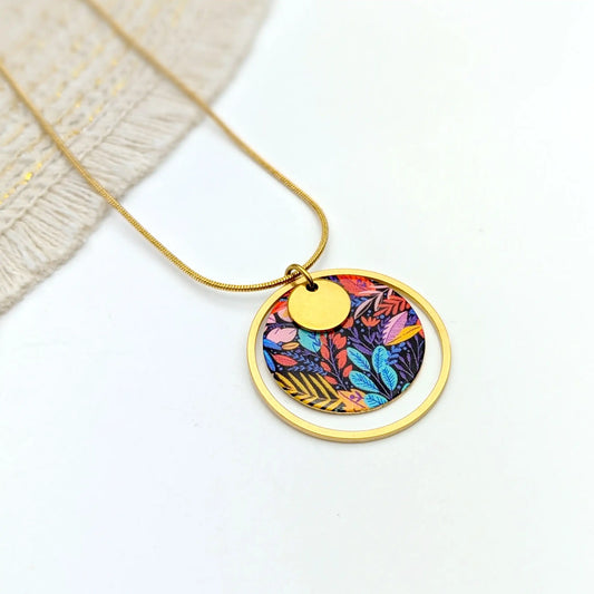 Collier multicolore avec pendentif rond en résine pour femme - Motif Jardin Boho
