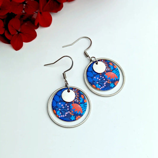 Boucles d’oreilles pendantes en résine et acier inoxydable pour femme - Motif Boho Bleu