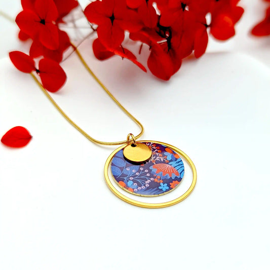 Collier multicolore avec pendentif rond en résine pour femme - Motif Boho bleu