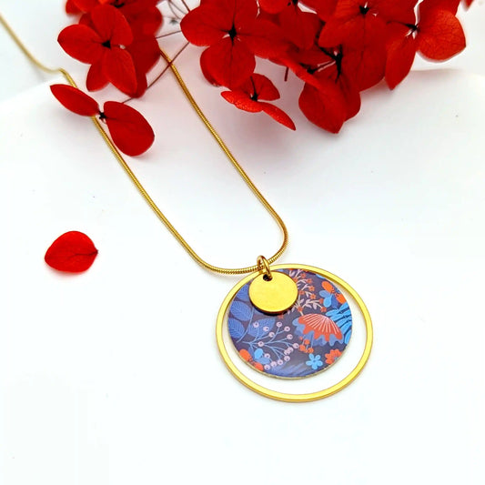 Collier multicolore avec pendentif rond en résine pour femme - Motif Boho bleu